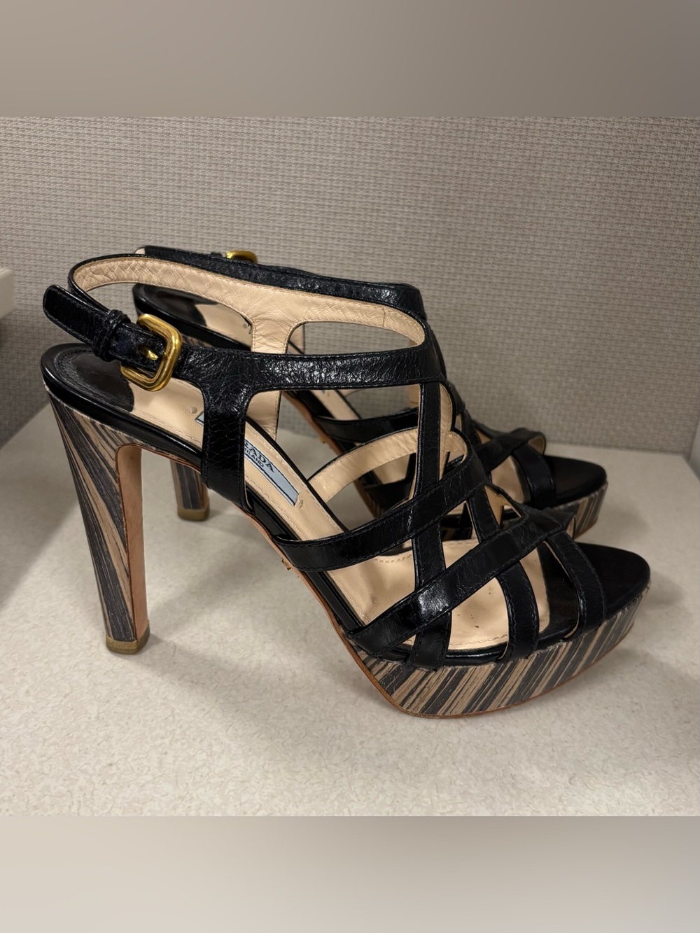 Prada Black Leather Strappy Caged Platform High Heel size 38